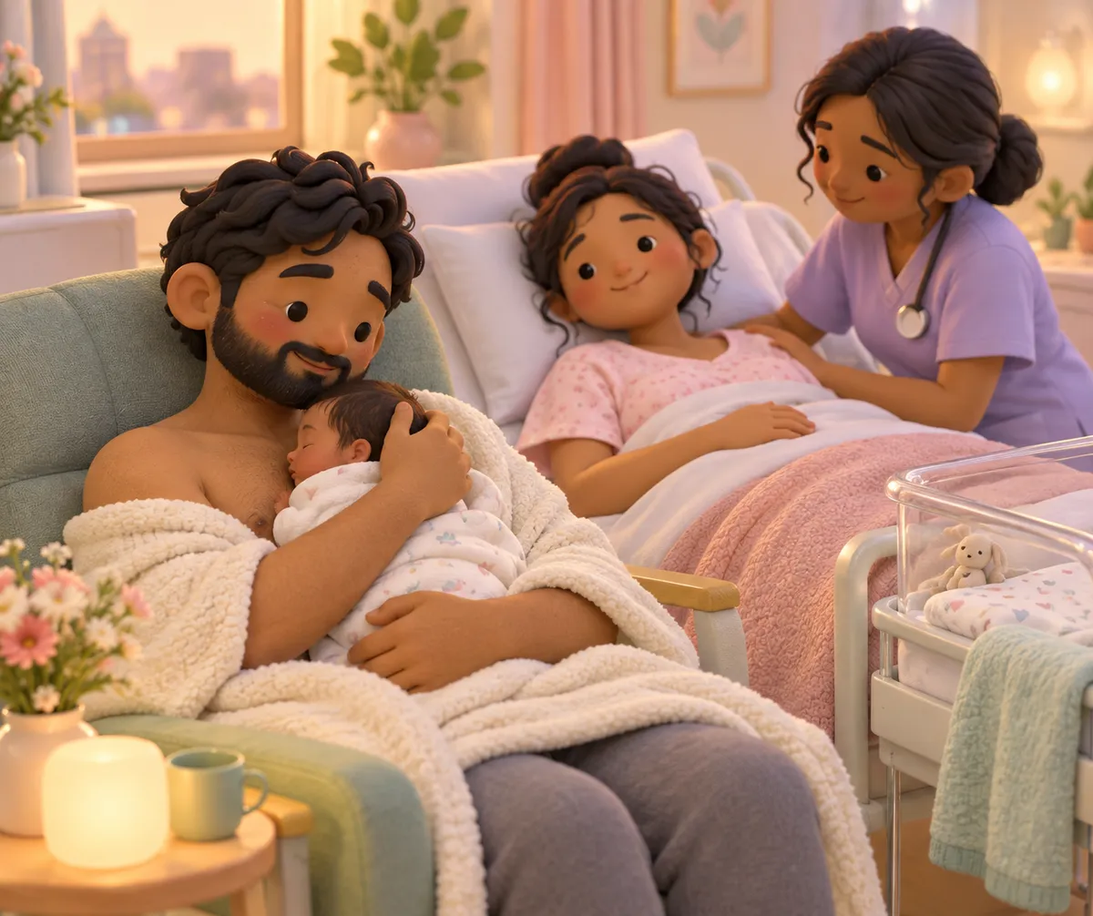 Un père tient un bébé dans ses bras tandis que la mère repose au lit, accompagnée d’une soignante