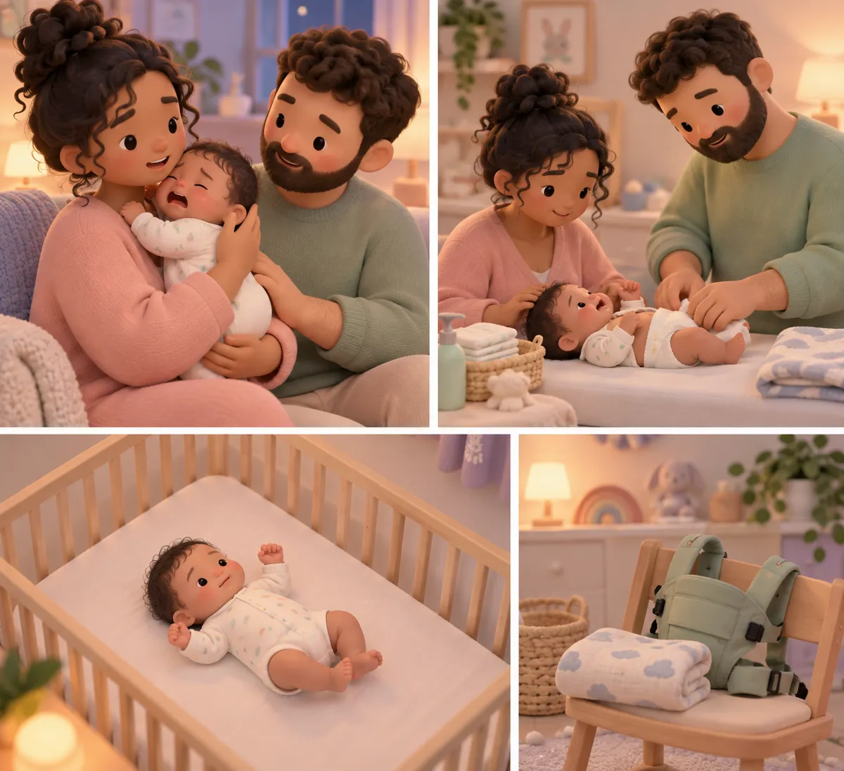 Deux parents prennent soin de leur bébé, entre câlin et change, avec un lit à barreaux et un siège bébé