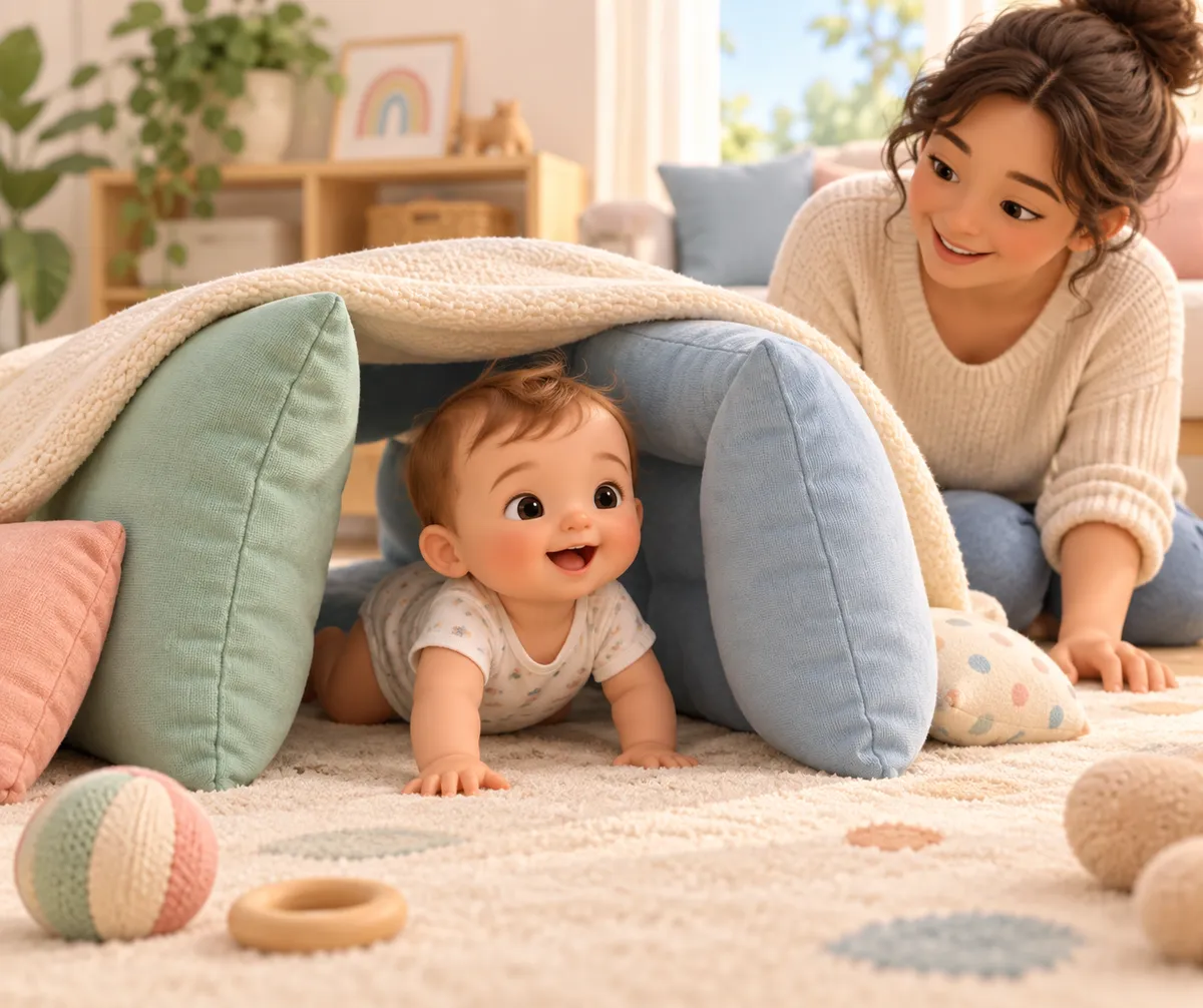 Un bébé rampe dans un tunnel formé de coussins sous une couverture, avec un parent à ses côtés dans le salon