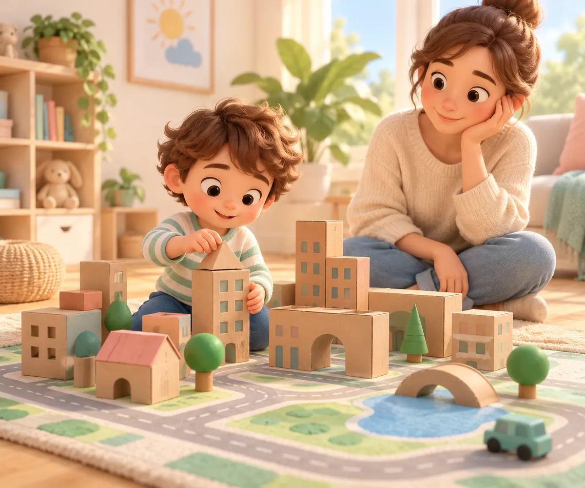 Un enfant construit une ville en boîtes en carton sous le regard d’une adulte, dans un salon