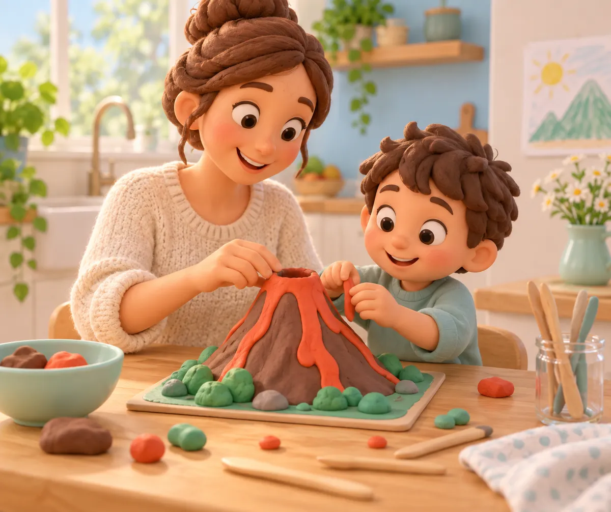 Une mère et un enfant fabriquent un volcan en pâte à modeler sur une table de cuisine