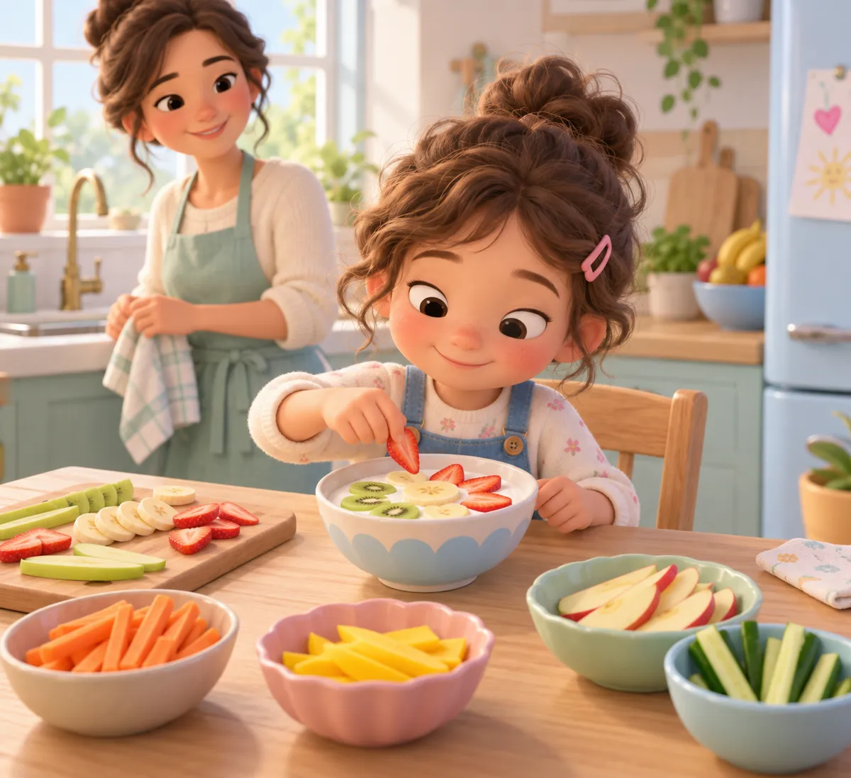 Une enfant décore un bol de yaourt avec des fruits, sous le regard d’une adulte dans la cuisine