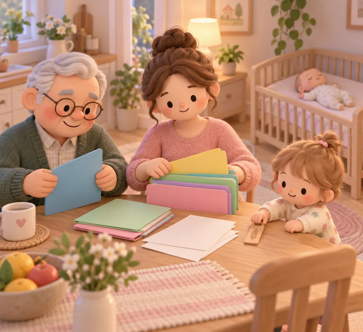 Des parents consultent des dossiers à table tandis qu’un bébé dort dans son lit et qu’une enfant les observe