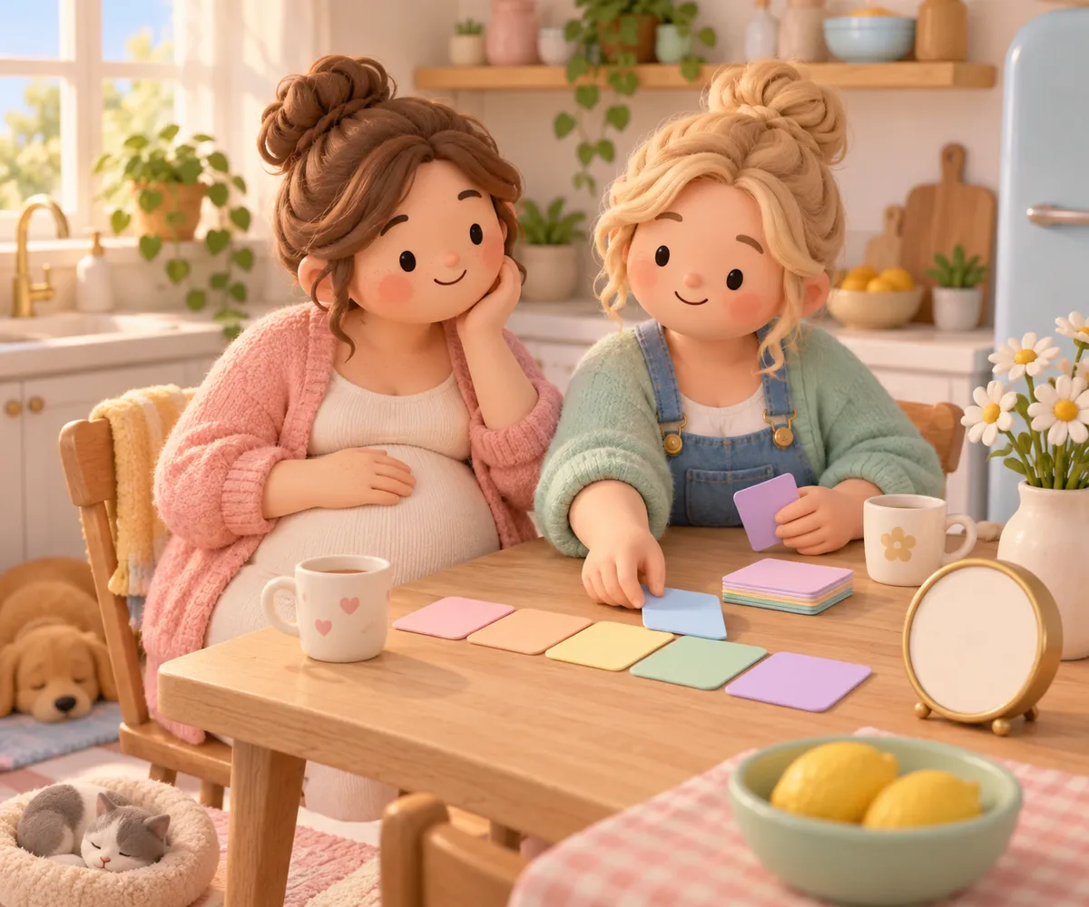 Une femme enceinte échange avec une autre femme autour de cartes colorées dans une cuisine